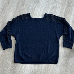 J Crew cashmere blend Sweater Women's L Navy Sheer Lace arm Detail quiet luxury